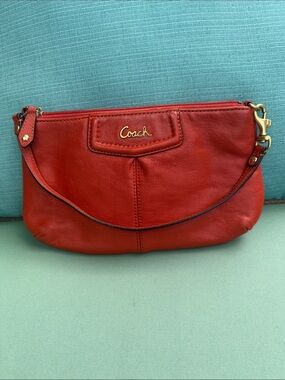 Coach orange red Leather Wristlet with Gold Logo